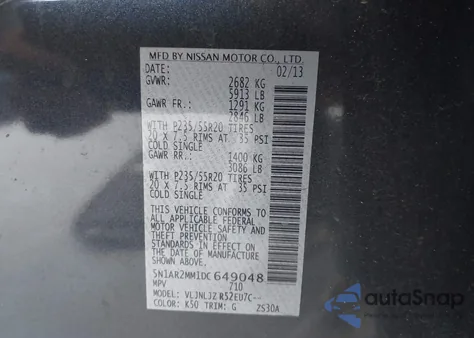 2013 Nissan Pathfinder Platinum z USA, uszkodzony, nr VIN 5N1AR2MM1DC649048